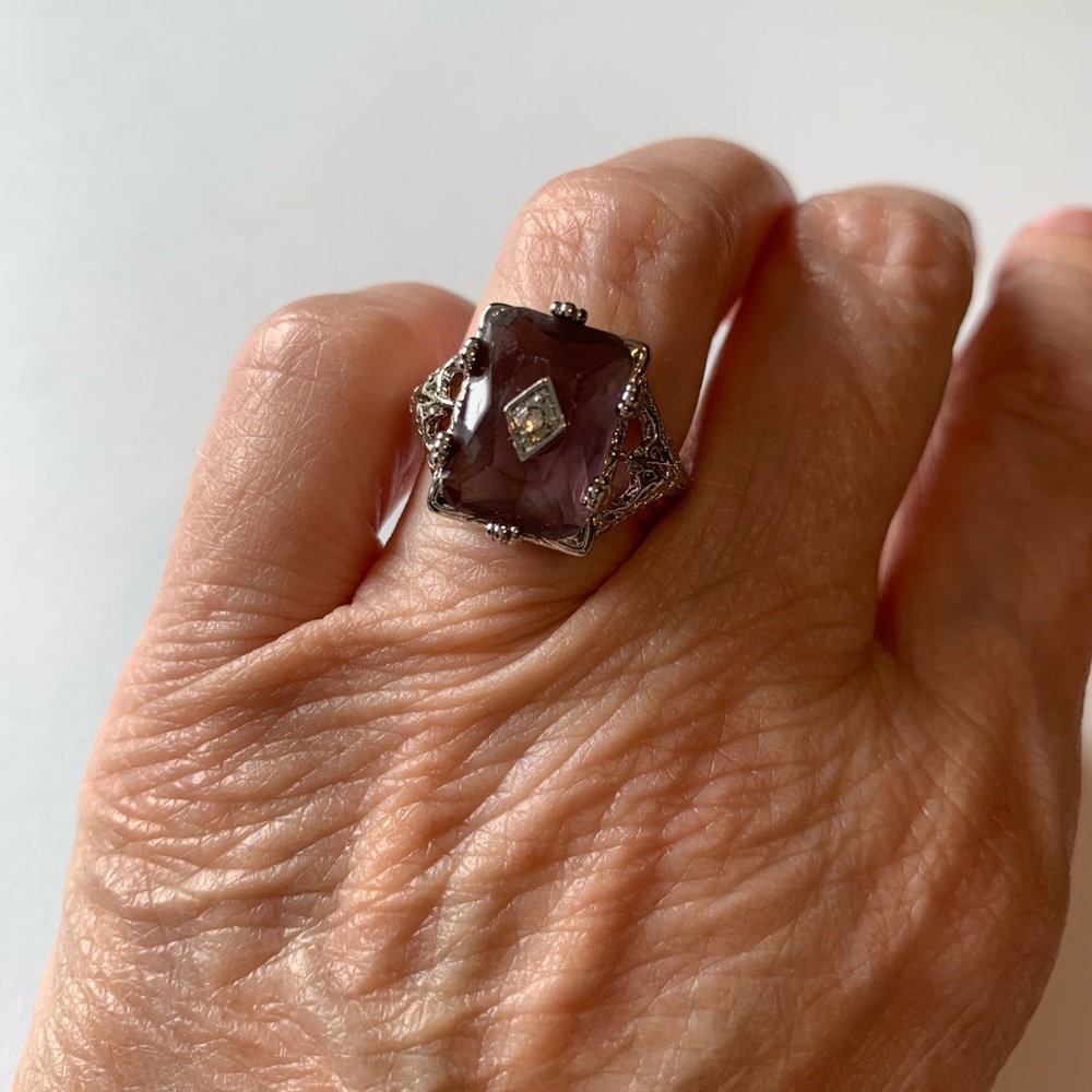 Elegant Edwardian Style Purple Gemstone Silver Ring, size 5.5 NWOT